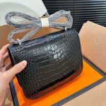 HERMÈS MINI CONSTANCE 19 SHINY ALLIGATOR PALLADIUM HARDWARE BLACK 19CM